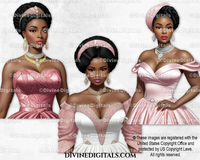Fashion Ladies in Pink Gowns & Diamonds Ladies of Color Dark Tone Women Clipart Digital Images Instant Download
