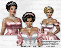 Fashion Ladies in Pink Gowns & Diamonds Light Tone Women Clipart Digital Images Instant Download
