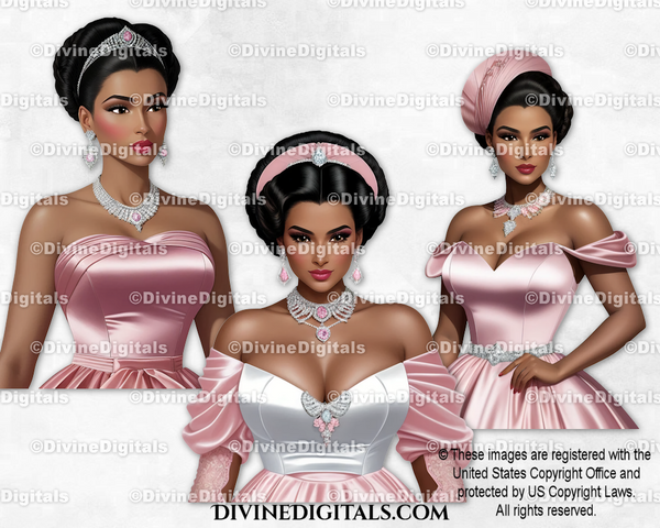 Fashion Ladies in Pink Gowns & Diamonds Ladies of Color Medium Tone Women Clipart Digital Images Instant Download