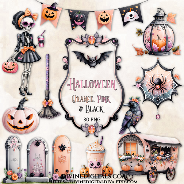 Halloween Pink Orange Black Pumpkins Cat Bats Skeletons Latte Witches Hat Broom House Wreath Frame Clipart Digital Instant Download CU