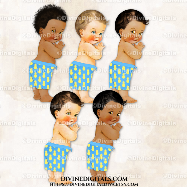 Little Prince Board Shorts Blue Yellow Pineapple Pattern Swim Trunks Bathing Suit Baby Boy 3 Skin Tones Clipart Instant Download