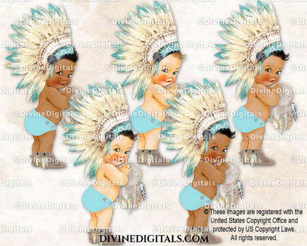 Native American Tribal Headdress Boho Feathers Aqua Ivory Tan | Baby Boy