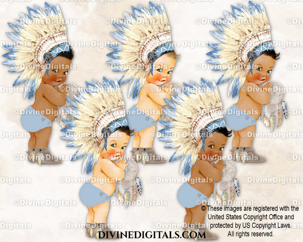 Native American Tribal Headdress Boho Feathers Blue Ivory Tan | Baby Boy