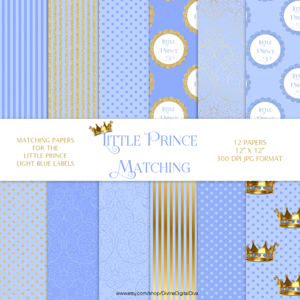 Little Prince Blue Gold Glitter Dot Stripe Crown Baby Boy | Digital Scrap Paper Instant Download CU