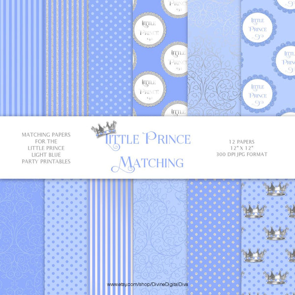 Little Prince Blue Silver Glitter Dot Stripe Crown Baby Boy | Digital Scrap Paper Instant Download CU