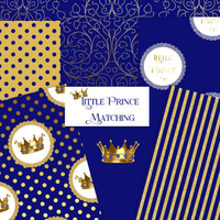Little Prince Royal Blue Gold Glitter Dot Stripe Crown Baby Boy | Digital Scrap Paper Instant Download CU