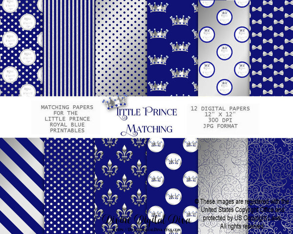 Little Prince Royal Blue Silver Glitter Dot Stripe Crown Baby Boy | Digital Scrap Paper Instant Download CU