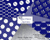 Little Prince Royal Blue Silver Glitter Dot Stripe Crown Baby Boy | Digital Scrap Paper Instant Download CU