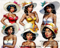 Summer Ladies in Wide Brimmed Hats Women of Color Digital Images Clipart Instant Download