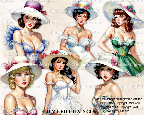 Summer Ladies in Wide Brimmed Hats Light Skin Tone Digital Images Clipart Instant Download