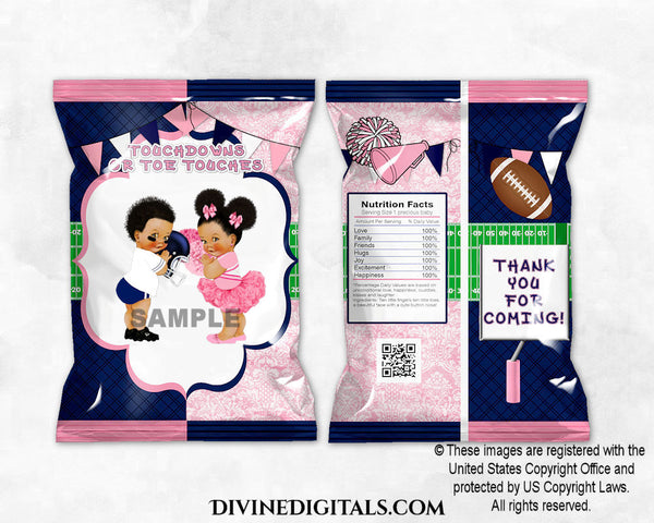 Chip Bag Touchdowns or Toe Touches Pink Navy Blue Football Cheerleader Baby Boy Girl Medium Tone | Gender Reveal | Digital Instant Download