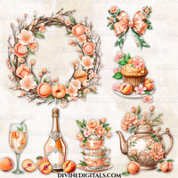 Watercolor Peach Theme Clipart Images, Tea Party, Brunch, Baby Shower, Peaches Birthday Seamless Papers Ivory Green Gold 22 PNG Download CU