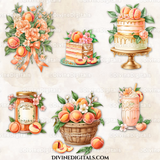 Watercolor Peach Theme Clipart Images, Tea Party, Brunch, Baby Shower, Peaches Birthday Seamless Papers Ivory Green Gold 22 PNG Download CU