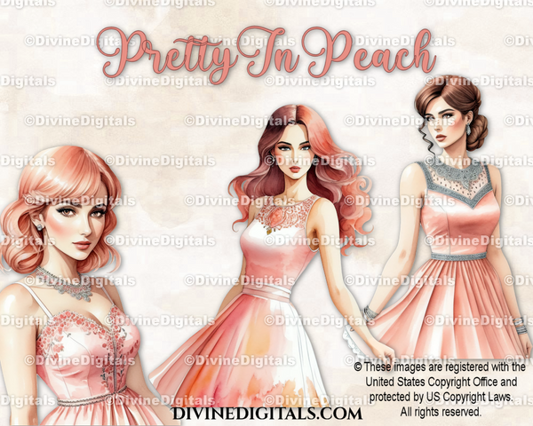 Fashion Girls Pretty In Peach Dresses Light Tone Women Clipart Digital Images Instant Download