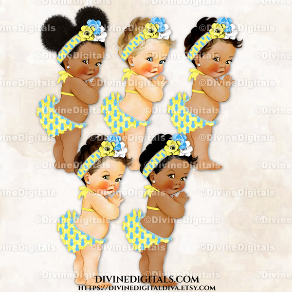 Bikini Bathing Swim Suit Yellow Blue Pineapple Pattern Flower Headband | Baby Girl 3 Skin Tones | Clipart Instant Download