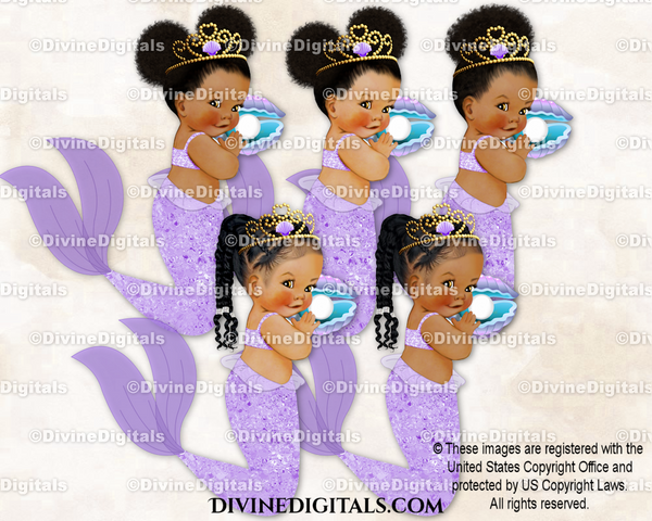 Lavender Mermaid Gold Tiara Holding a Shell Baby Girl Babies of Color