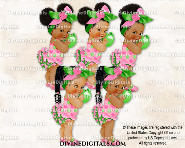 Apple Fruit Theme Pink & Green Big Bow Baby Girl Babies of Color