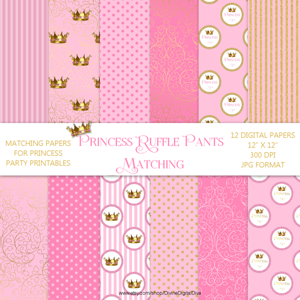 Little Princess Pink Gold Glitter Dot Stripe Crown Baby Girl | Digital Scrap Paper Instant Download CU