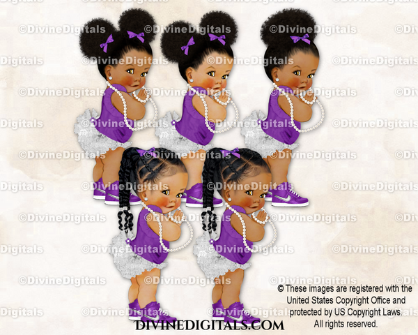 Princess Ruffle Pants Purple Silver Sneakers Pearls Baby Girl Clipart Download Babies of Color