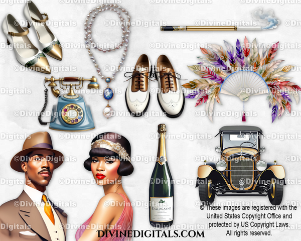 Roaring 20's Flapper Gangster Vintage Car Feather Fan Shoes Necklace & More Dark Skin Tone Couple Clipart