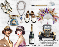 Roaring 20's Flapper Gangster Vintage Car Feather Fan Shoes Necklace & More Light Skin Tone Couple Clipart