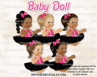 Princess Pink Black Skirt High Ponytail Sitting Baby Girl 3 Skin Tones