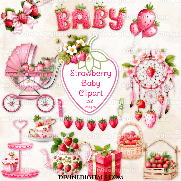 Strawberry Theme Baby Clipart Images, Strawberry Party, Strawberry Baby Shower, Strawberry Birthday, Tea Party Instant Download
