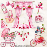 Strawberry Theme Baby Clipart Images, Strawberry Party, Strawberry Baby Shower, Strawberry Birthday, Tea Party Instant Download