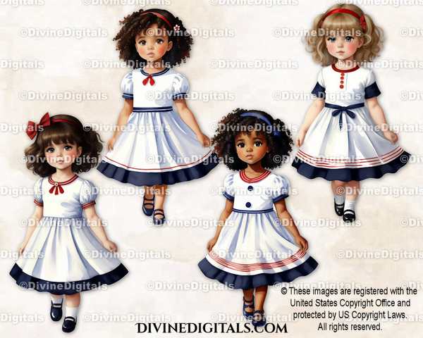 Watercolor Portraits Girls Sailor Dress 3 Skin Tones Clipart