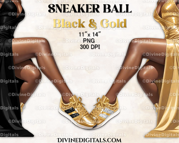 Sneaker Ball Legs Gold & Black Gown Fashion Party DARK Skin Tone Clipart Digital Images PNG Instant Download