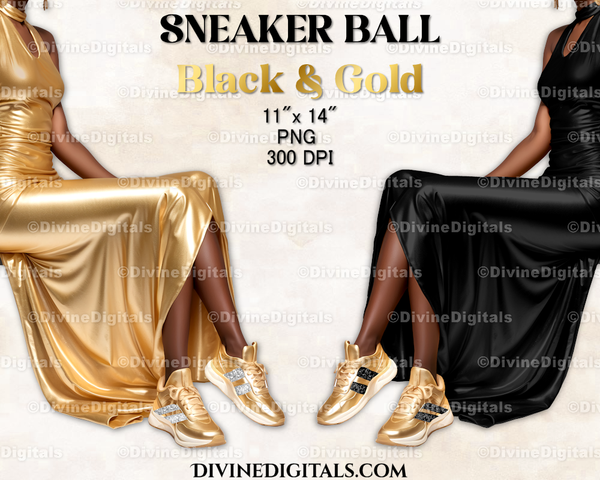 Sneaker Ball Legs Gold & Black Modest Gown Fashion Party DARK Skin Tone Clipart Digital Images PNG Instant Download