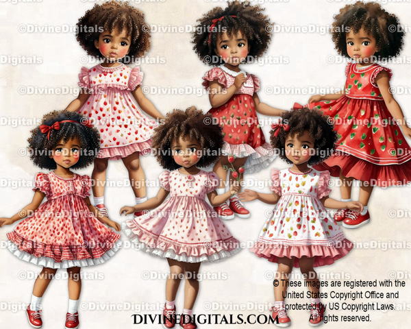 Strawberry Theme Girl Toddler Pink & Red Ruffle Dress Curly Hair Watercolor Clipart Images