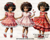 Strawberry Theme Girl Toddler Pink & Red Ruffle Dress Curly Hair Watercolor Clipart Images