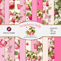 Seamless Strawberry Baby Theme Digital Papers Pink Ivory Green Baby Background, Strawberry Baby Shower, Strawberry Birthday, Party CU