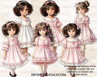 Little Girl Toddler Pink & White Summer Dress Fashion Brunette Hair Watercolor Clipart Images