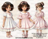 Little Girl Toddler Pink & White Summer Dress Fashion Brunette Hair Watercolor Clipart Images
