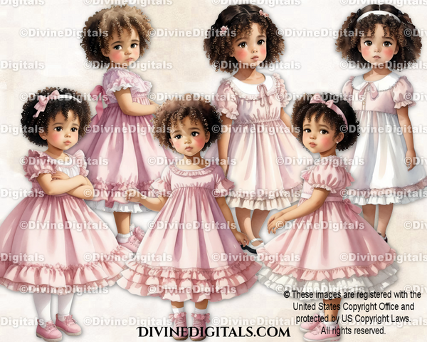 Little Girl Toddler Pink & White Summer Dress Fashion Curly Hair Watercolor Clipart Images