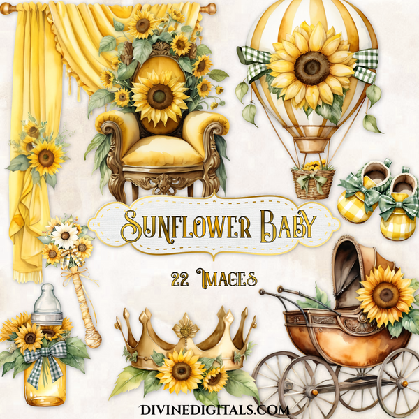 Sunflower Baby Decorations Clipart Images Baby Shower Hot Air Balloon Dreamcatcher Carriage Chair Curtains Cake Crown Instant Download CU