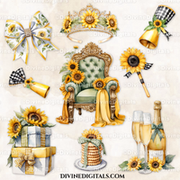 Sunflower Birthday Decorations Clipart Images Balloons Cake Candles Chair Shoes Champagne Disco Ball Bicycle Tiara Instant Download CU