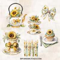 Sunflower Birthday Decorations Clipart Images Balloons Cake Candles Chair Shoes Champagne Disco Ball Bicycle Tiara Instant Download CU
