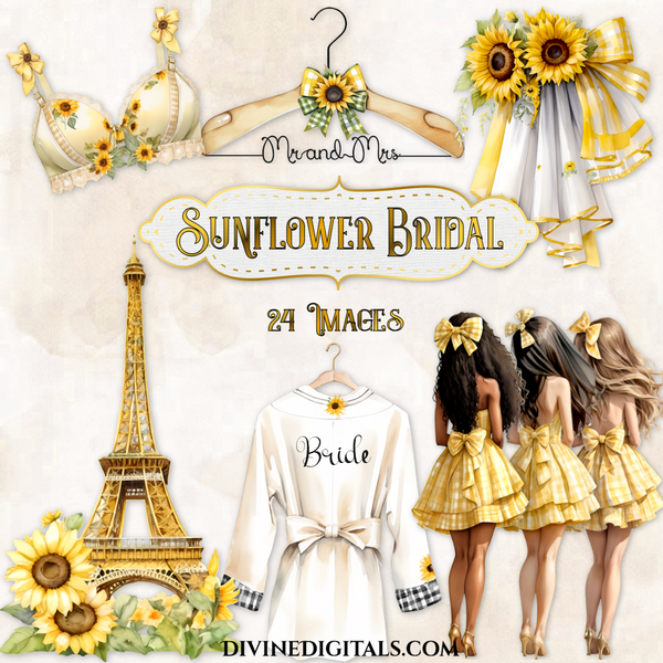 Sunflower Bridal Shower Decorations Clipart Images Eiffel Tower Lingerie Bride Robe Calendar Page Chair Hanger Veil Cake Instant Download CU