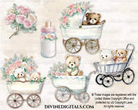 Teddy Bears in Carriages with Roses Baby Bottle