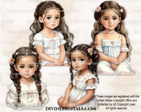 Baby Watercolor Portraits Girls Brunette Braids Clipart