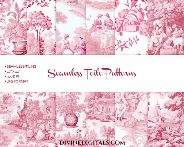 Seamless Antique Rose Pink Toile Scrapbooking Journaling Backgrounds Digital Paper Printable Tiling | Instant Download CU