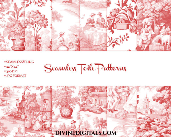 Seamless Antique Red Toile Scrapbooking Journaling Backgrounds Digital Paper Printable Tiling | Instant Download CU