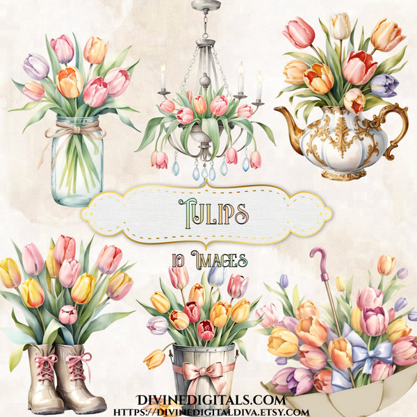 Watercolor Spring Tulips Clipart Images Digital Download