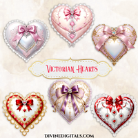 20 Victorian Decorative Hearts Ornaments Red Pink Peach Blue Ivory Lavender Yellow Vintage Lace Bows | Printable Clipart Instant Download
