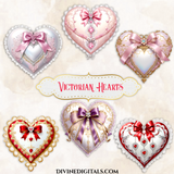 20 Victorian Decorative Hearts Ornaments Red Pink Peach Blue Ivory Lavender Yellow Vintage Lace Bows | Printable Clipart Instant Download