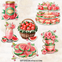 Watercolor Watermelon Theme Clipart Images, Tea Party, Brunch, Baby Shower, Birthday Seamless Papers Red Pink Green Gold 22 PNG Download CU