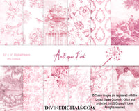Antique Pink Toile Florals Damask Chinoiseries Scrapbooking Journaling 12 x 12 Backgrounds Digital Paper Printable